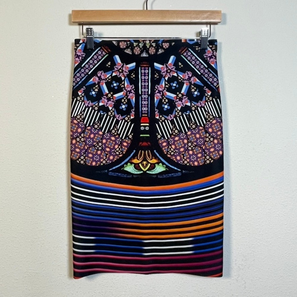 Clover Canyon Pencil Skirt Women S Black Multi Graphic Scuba Bodycon Knee Length
